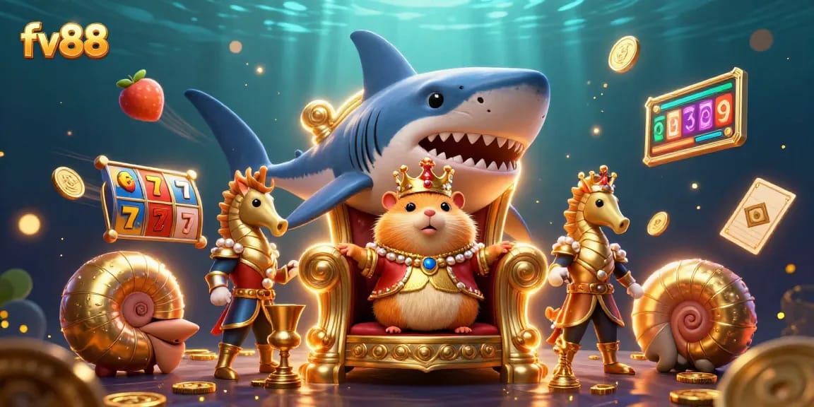 Win big with fv88 in this vibrant casino scene featuring an adventurous hamster king!