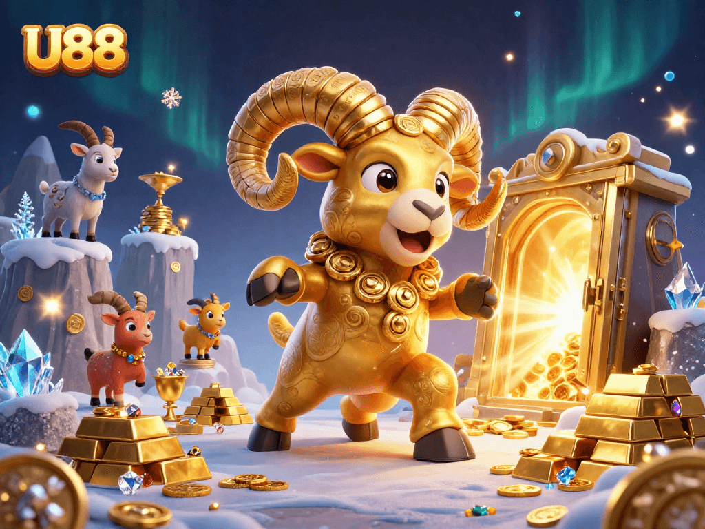 Experience exhilarating U88 gameplay with a vibrant illustration of a golden ram charging into a treasure-filled scene.