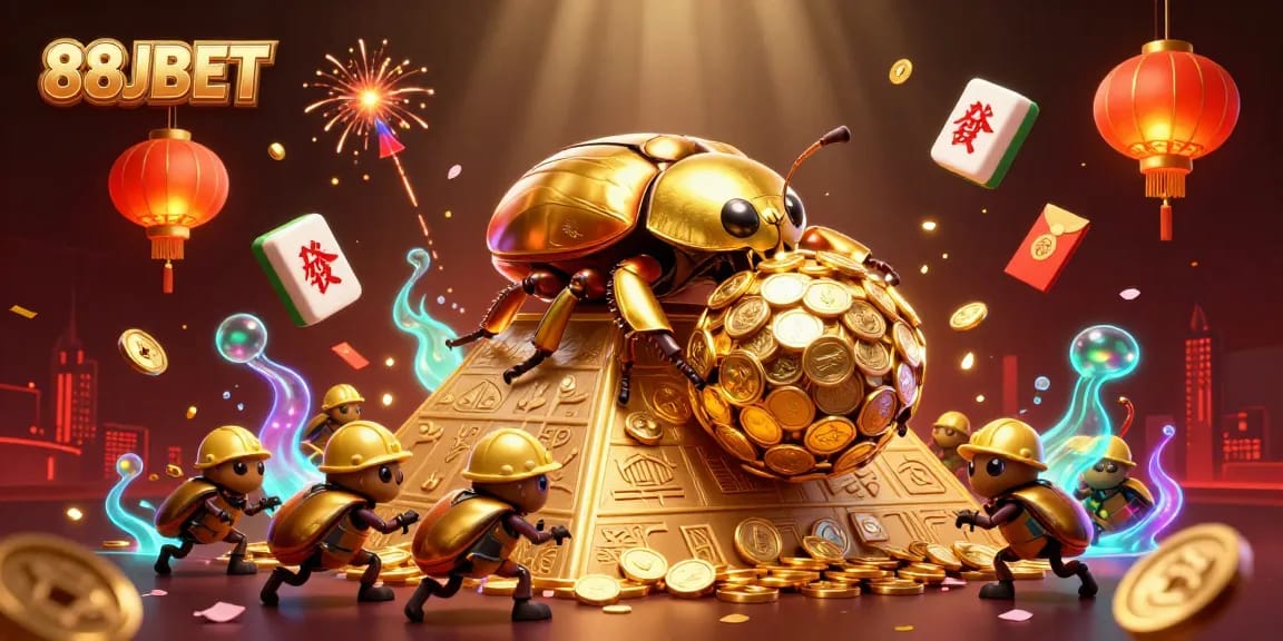 Experience thrilling gameplay at 88JBET with unique golden beetle illustrations and casino symbols.