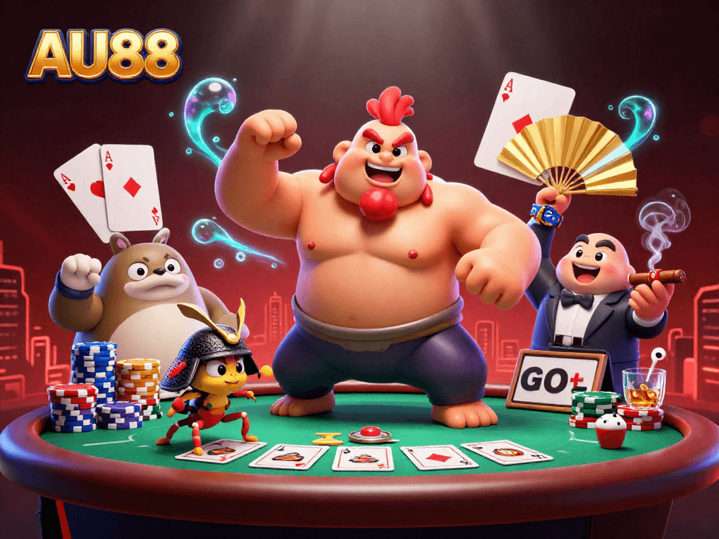 Experience thrilling gameplay at AU88 with a powerful sumo rooster, samurai cricket, and tanuki announcer amidst casino excitement.