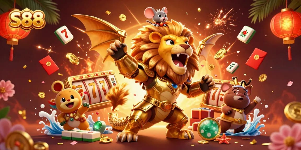 S88 slots jackpot illustration with a roaring chimera and a bold mouse rider, golden armor, and festive elements.