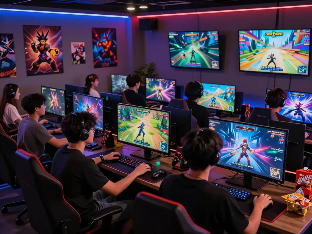 Engaging scene of players enjoying html porn games in a vibrant gaming lounge.