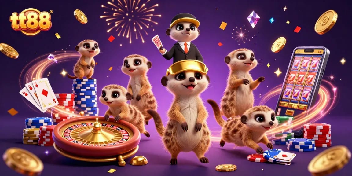 Experience tt88's vibrant casino atmosphere with meerkat dealers, chips, and lucky spins!