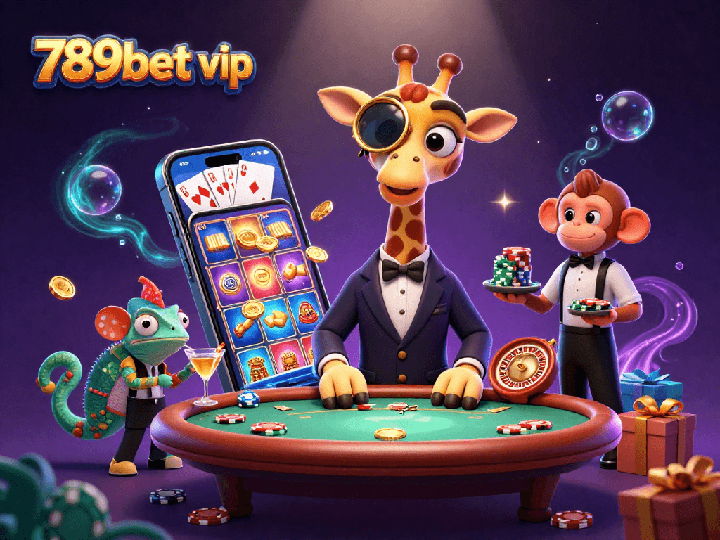 Engage with exciting 789bet vip gameplay featuring a high-roller giraffe at a vibrant poker table.