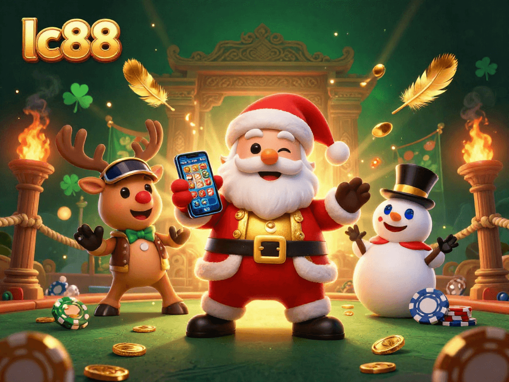 Experience exciting gaming at lc88, featuring a fun 3D Santa and casino-themed elements.
