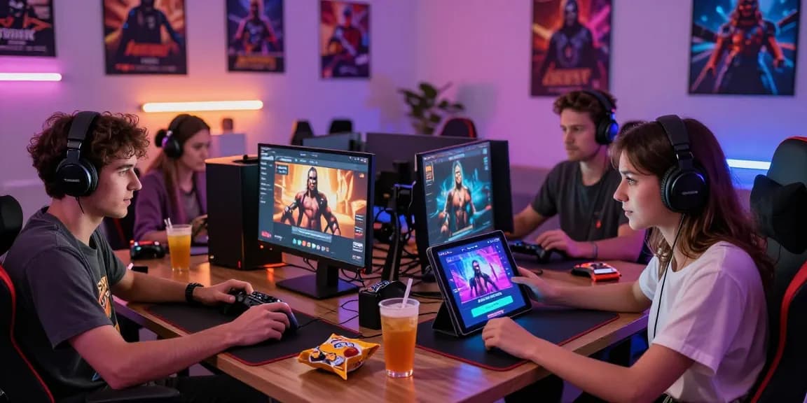 Engaging gaming scene with players enjoying interactive porn games HTML on various devices