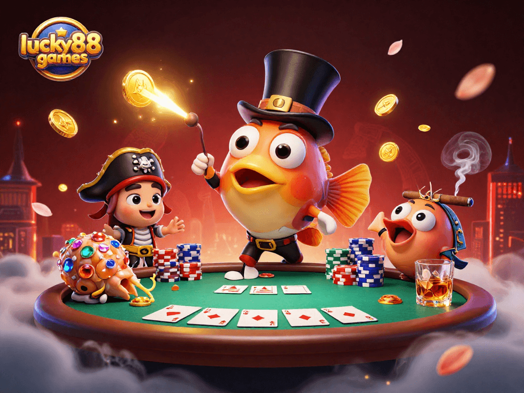 Play and win with lucky88games in this vibrant 3D casino scene featuring unique characters and dynamic game elements.