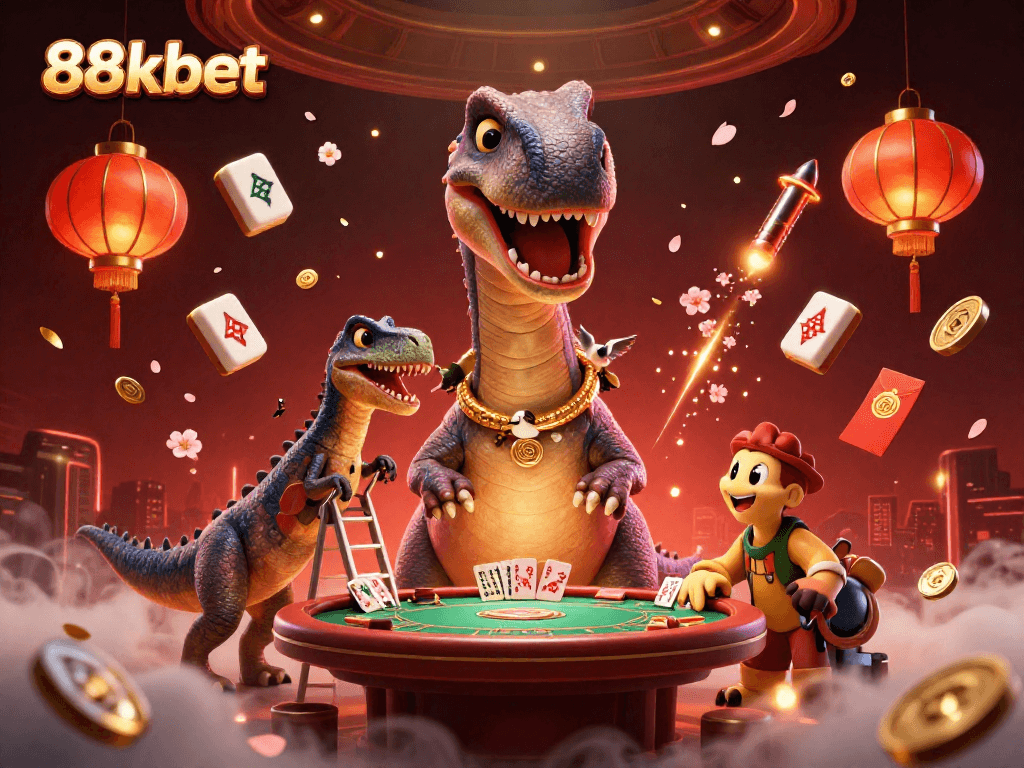 Experience strategic gaming thrills at 88kbet with a lively 3D casino illustration showcasing dynamic characters and elements.