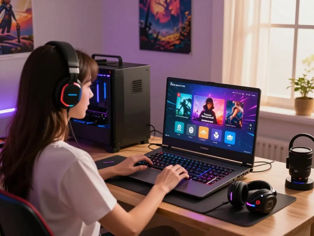 Engaging gaming scene depicting a young woman enjoying game sex on a laptop, surrounded by vibrant gaming gear.