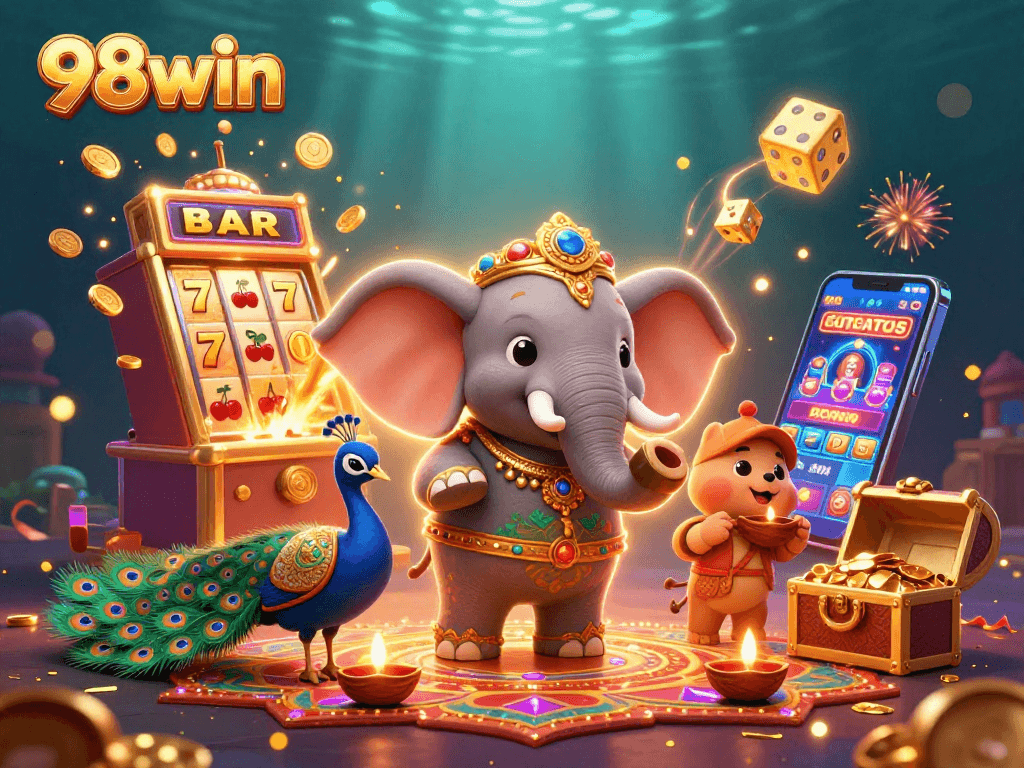 Try your luck at 98win with exciting slots and jackpot features in a dazzling casino scene.