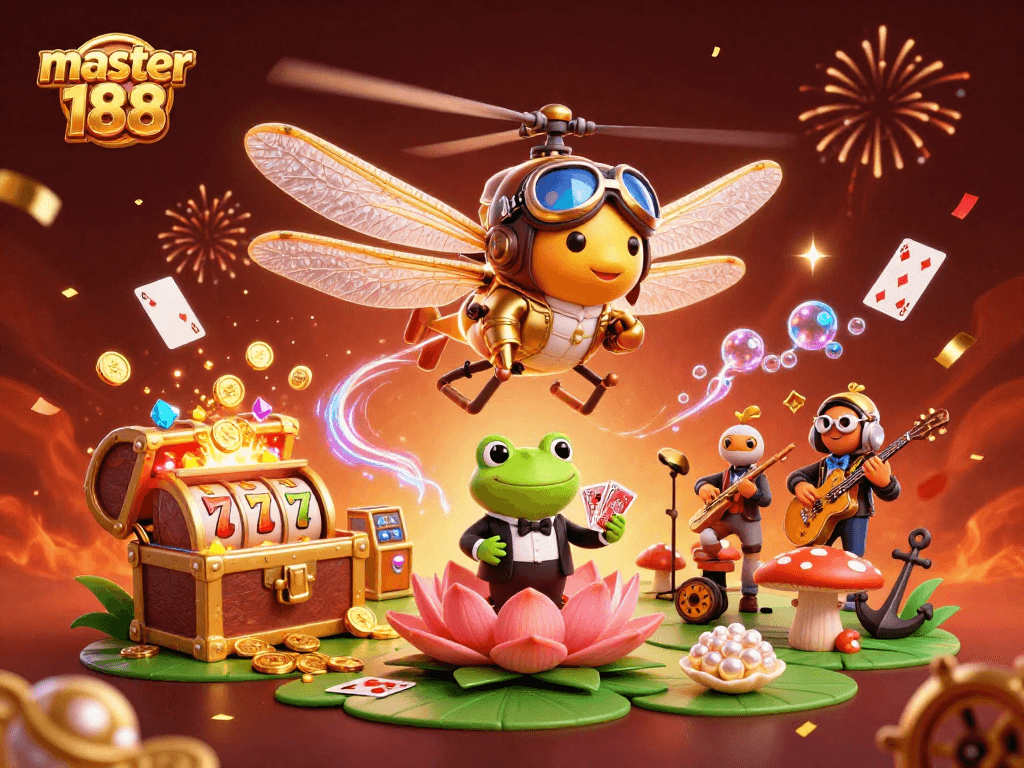 master188 showcases vibrant 3D casino activity with a dragonfly pilot and frog dealer in action