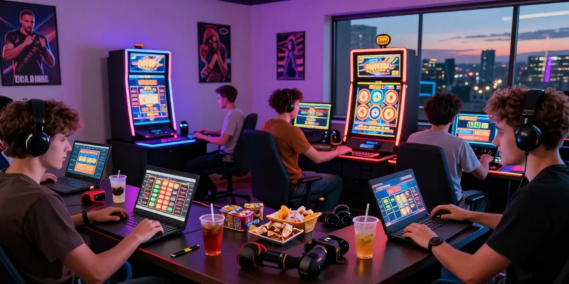 Gruppo entusiasta che gioca a giochi di casino non AAMS online, mostrando esperienze di gioco diverse con grafiche colorate.