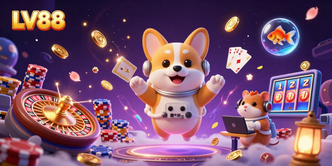 Experience thrilling actions at LV88 casino with an astronaut corgi amid vibrant games and golden coins.