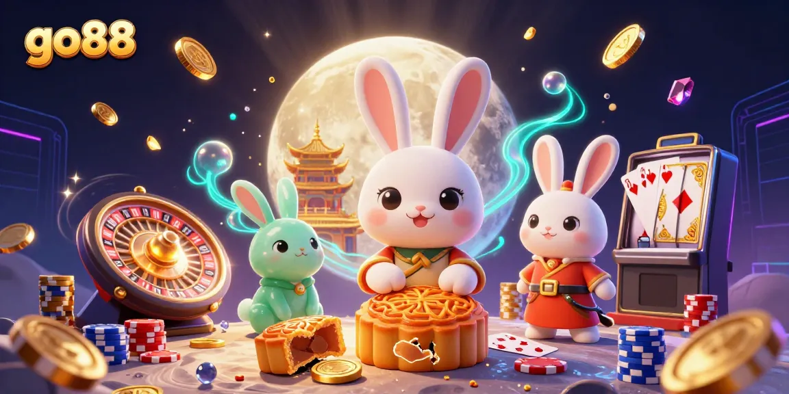 Experience go88 with a lively scene of moon rabbits and casino elements in a dazzling 3D landscape.