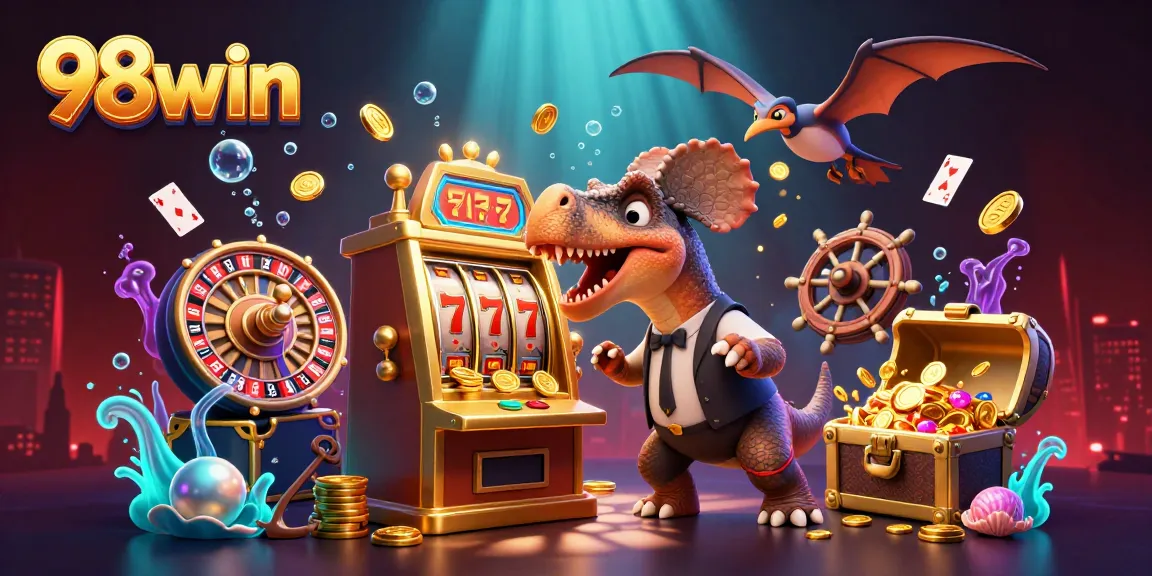 Experience the thrill of 98win as cartoon dinosaurs interact with vibrant casino elements.