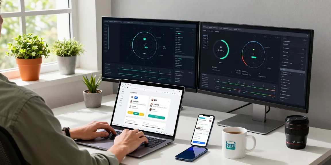 快连 user enjoying seamless connectivity in a professional tech workspace with dual monitors and modern decor.