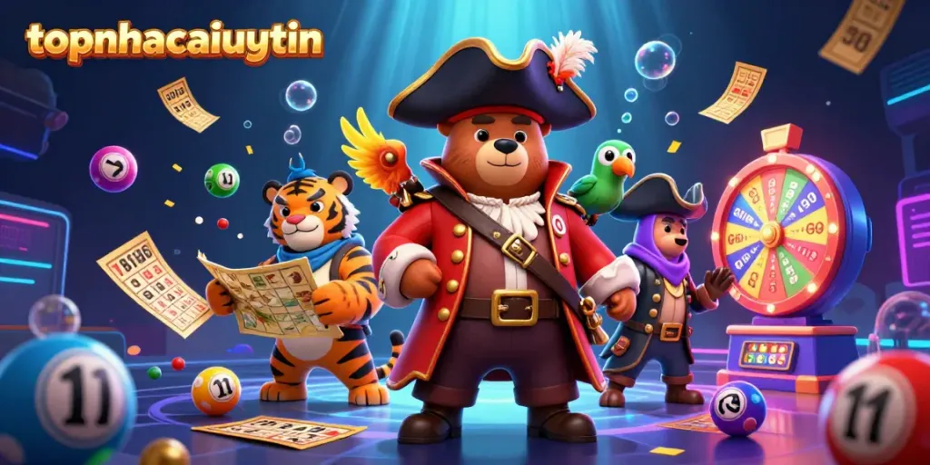 Engage with topnhacaiuytin's 3D pirate-themed casino illustration filled with vibrant lottery elements.