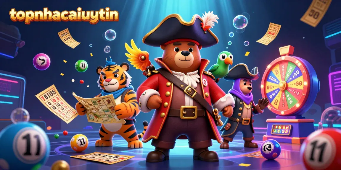 Engage with topnhacaiuytin's 3D pirate-themed casino illustration filled with vibrant lottery elements.
