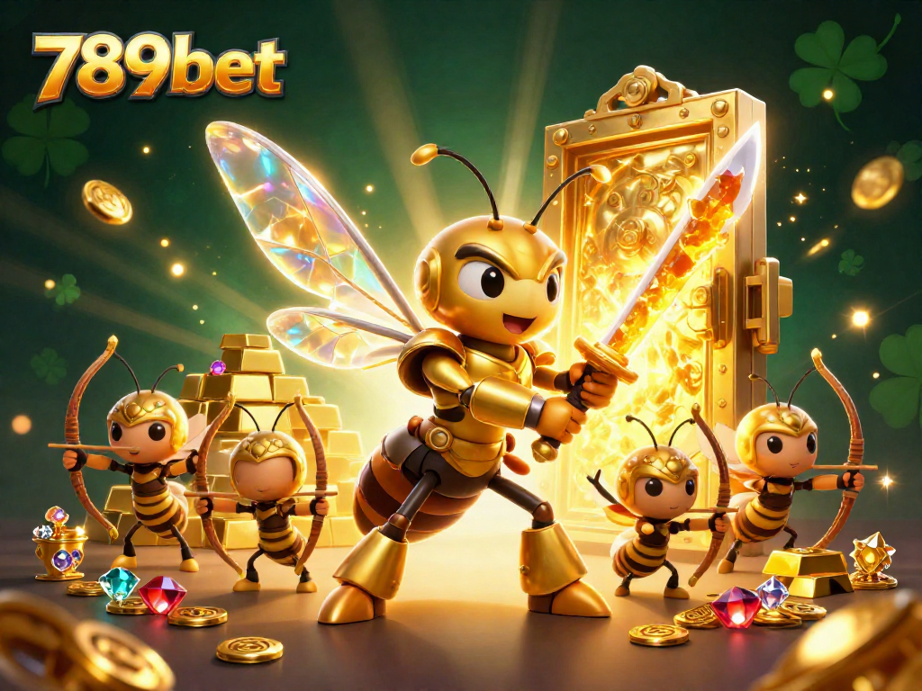 Win big at 789bet with a dynamic illustration featuring a golden hornet in samurai armor surrounded by treasure.