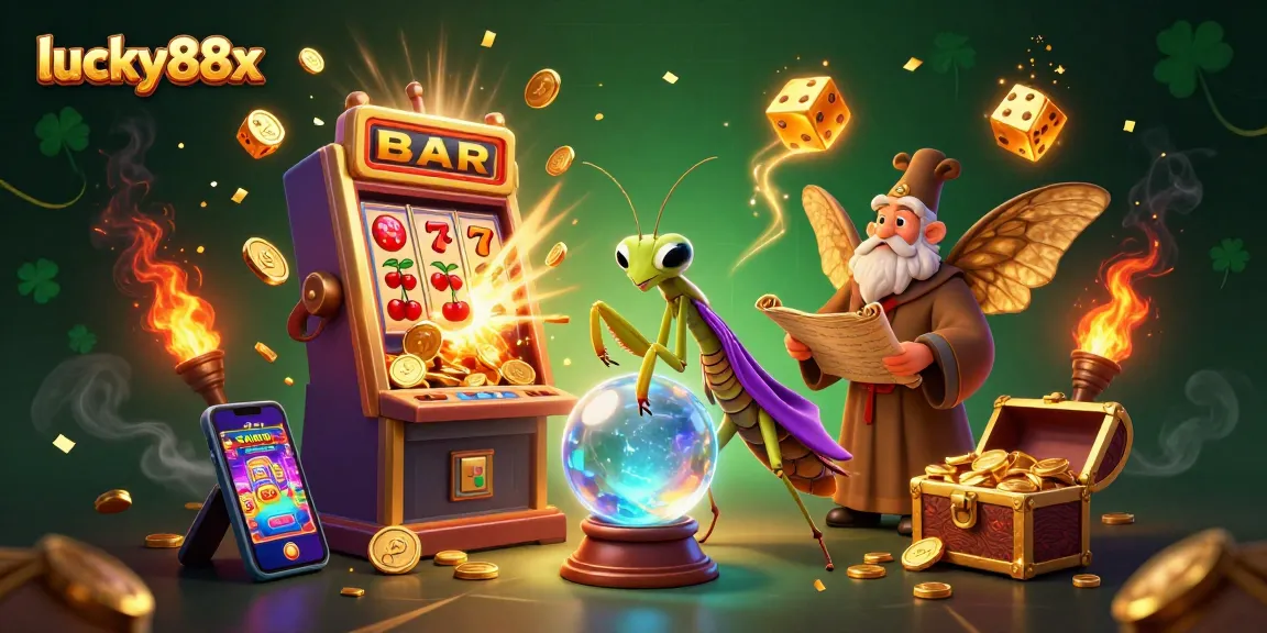 Experience lucky88x with a lively scene of fortune tellers, slot machines, and vibrant casino elements.