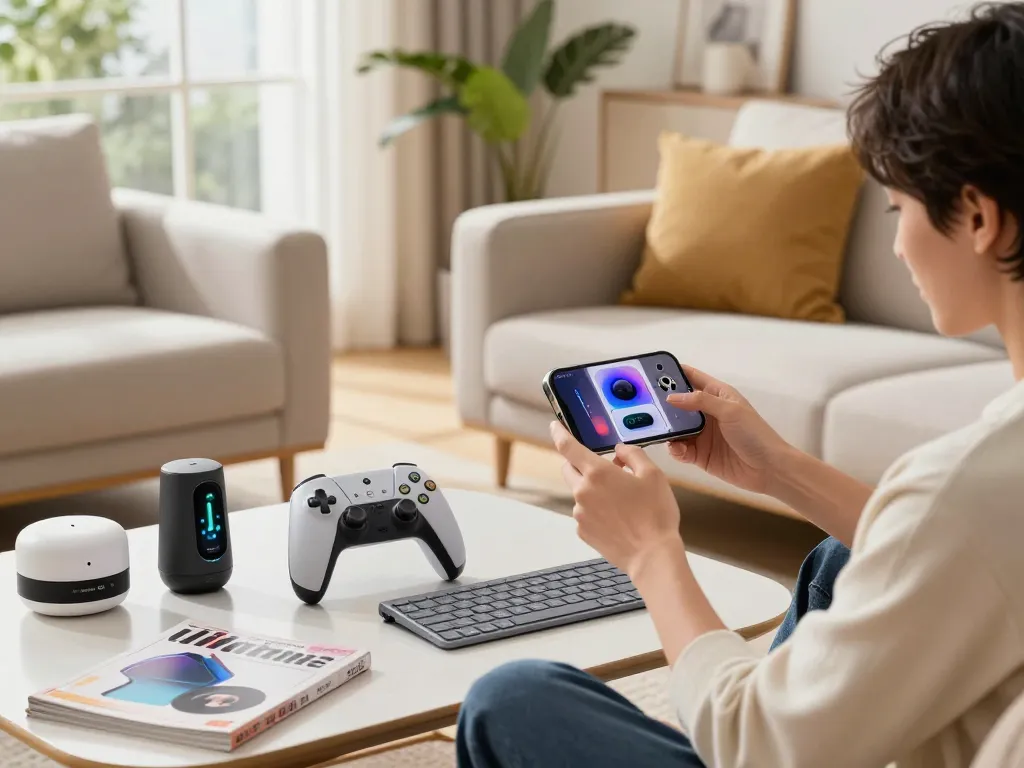Unique tech gadgets displayed in a stylish living room, emphasizing modern lifestyle integration.