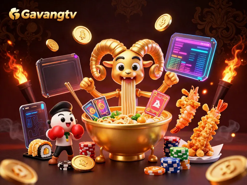 Engage with the vibrant Gavangtv scene featuring a giant ramen bowl dealer amidst cryptocurrency elements