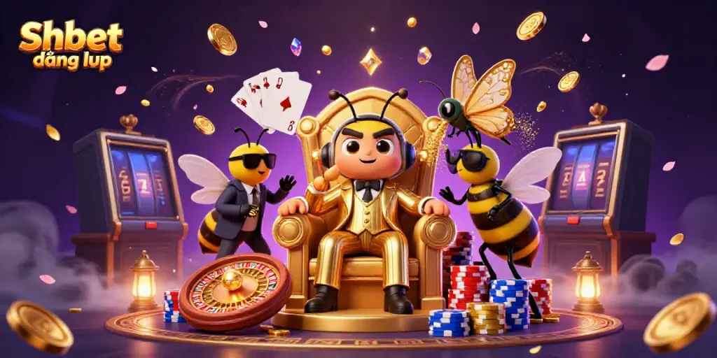 Experience the excitement of Shbet đăng nhập with a vibrant 3D illustration showcasing online casino elements.