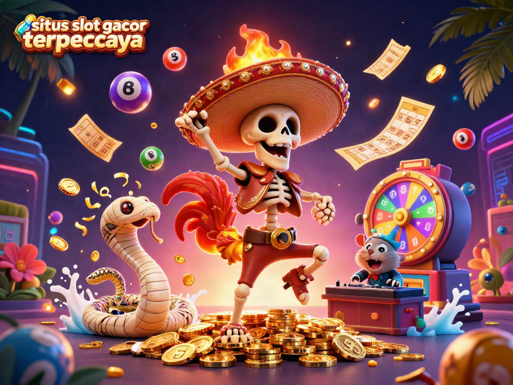 Experience the excitement of situs slot gacor terpercaya with a dynamic 3D illustration featuring lively characters and casino elements.