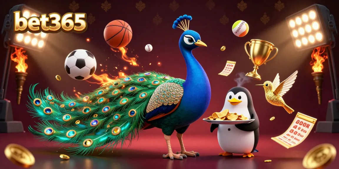 Bet365’s vibrant 3D scene of an aristocratic peacock displaying a gem-studded tail and a butler penguin with golden chips.