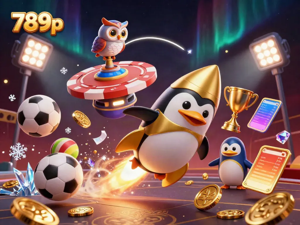 Experience the excitement of 789p casino adventures with a golden penguin soaring towards a giant poker chip space station.