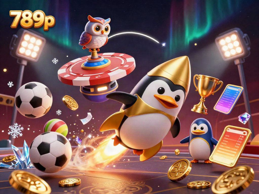 Experience the excitement of 789p casino adventures with a golden penguin soaring towards a giant poker chip space station.