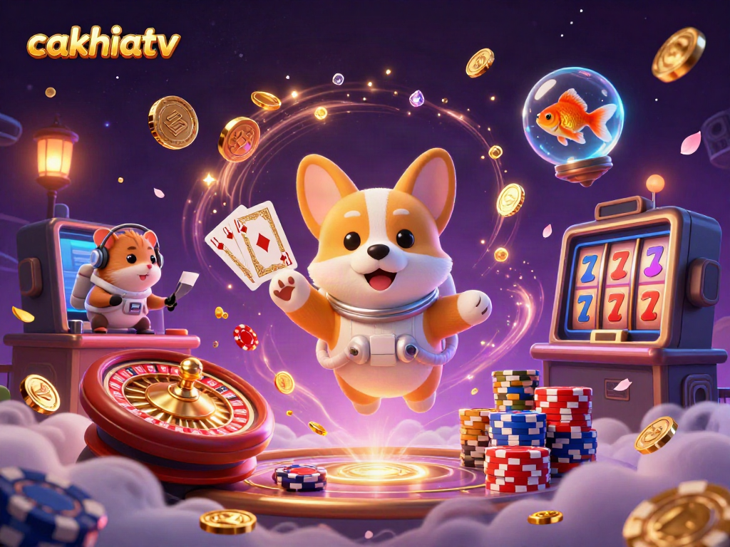 Cakhiatv showcases a 3D cartoon scene in a space station casino with a playful astronaut corgi and dynamic gaming elements.