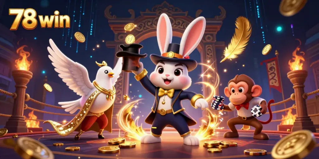 Experience thrilling bets at 78 win with a vibrant scene of a magician rabbit pulling coins, enchanting players.