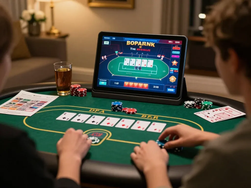 Person enjoying no hu online poker game with detailed interface on tablet