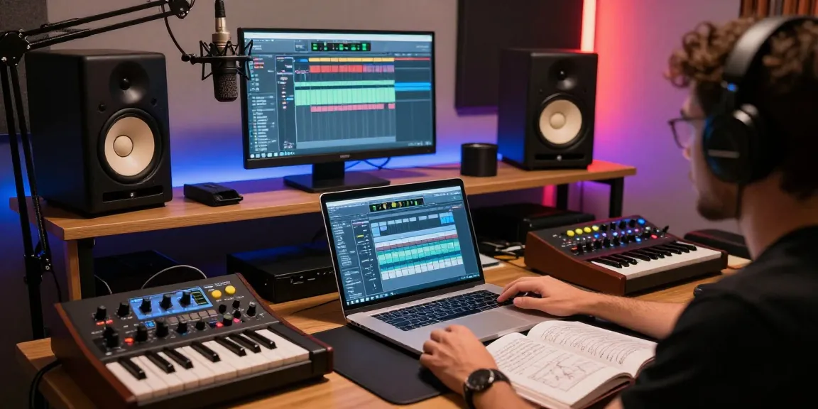 Music producer programming sounds on DAW in a modern studio featuring SC88 MIDI controller and professional monitors