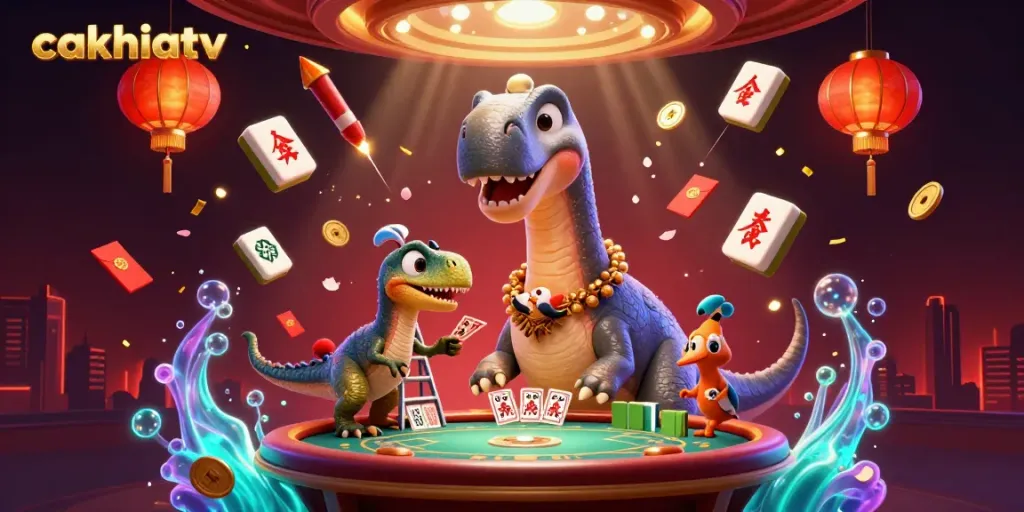 Experience stunning gambling action with cakhiatv's vibrant 3D casino illustration featuring exciting characters and games.
