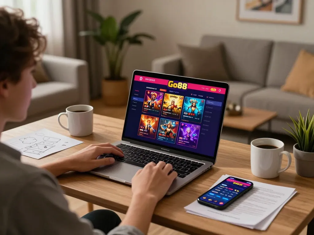 Engaging in online gaming on Go88 poker interface during a cozy home session.