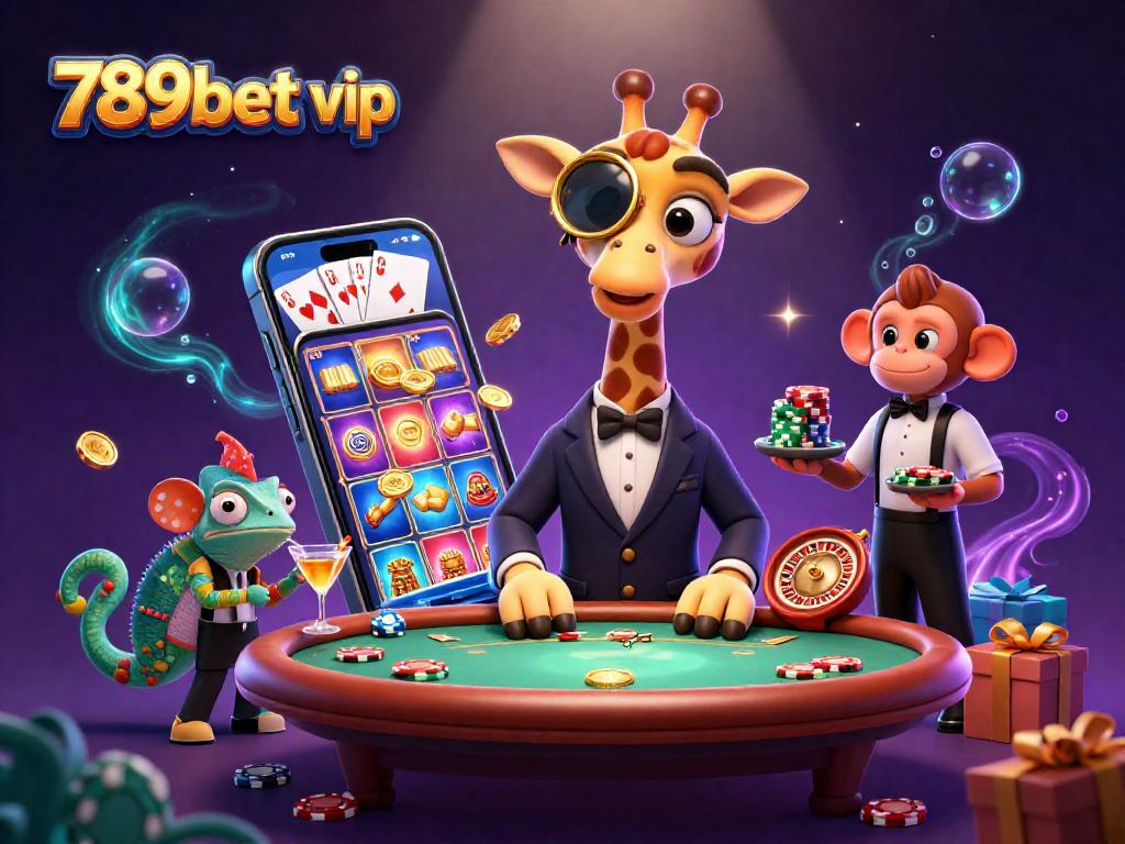Engage with exciting 789bet vip gameplay featuring a high-roller giraffe at a vibrant poker table.