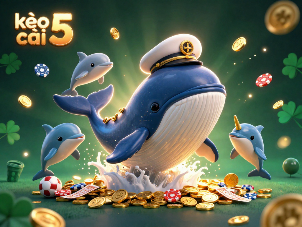 Boost your bets with the vibrant kèo nhà cái 5 whale breaching through coins in a sports-themed casino scene.