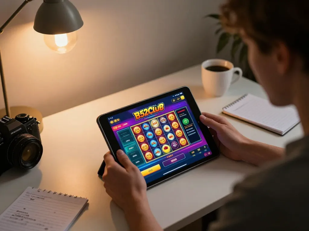 B52Club player enjoying an online casino game on a tablet in a cozy, stylish setting.