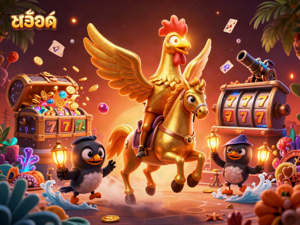 Spinningสล็อต reels illuminate a midnight casino scene with a golden rooster and treasures.