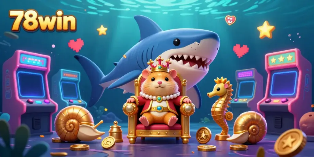 Experience the vibrant energy of 78win as a golden hamster king rules from a shark tooth throne amidst dynamic gaming elements and underwater magic.
