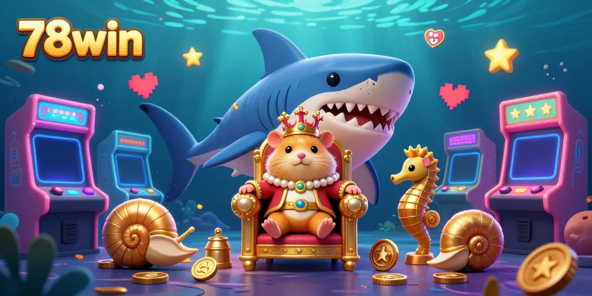 Experience the vibrant energy of 78win as a golden hamster king rules from a shark tooth throne amidst dynamic gaming elements and underwater magic.