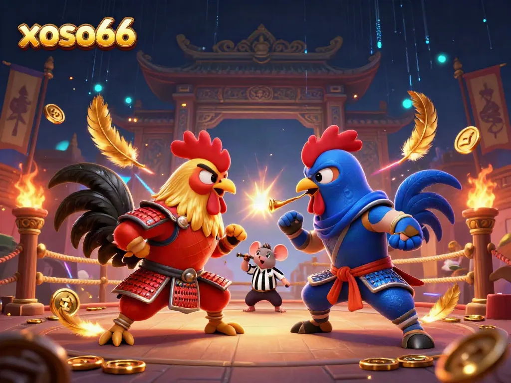 Experience thrilling standoffs at xoso66 with cartoon roosters in dynamic combat, showcasing vibrant casino elements.