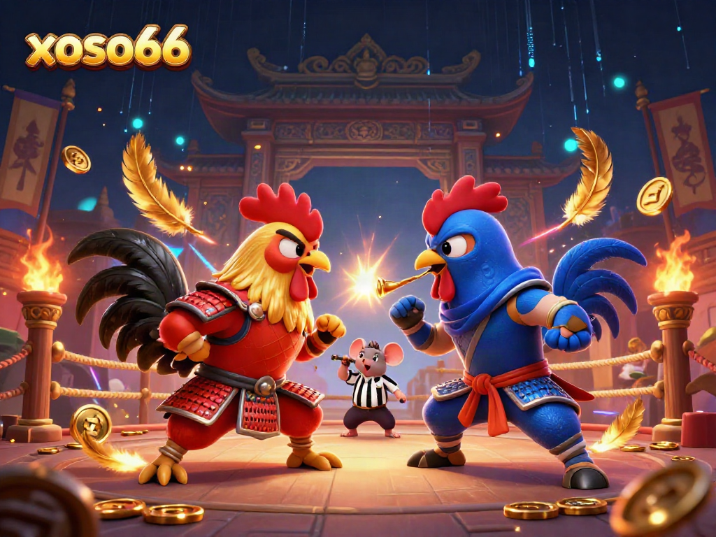 Experience thrilling standoffs at xoso66 with cartoon roosters in dynamic combat, showcasing vibrant casino elements.