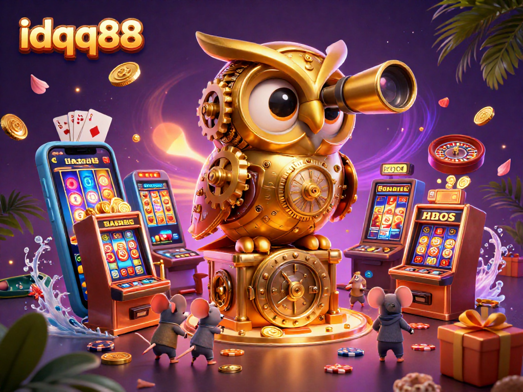 Engage with the thrilling IDQQ88 online casino scene featuring a clockwork owl, slot games, and vibrant gaming action!