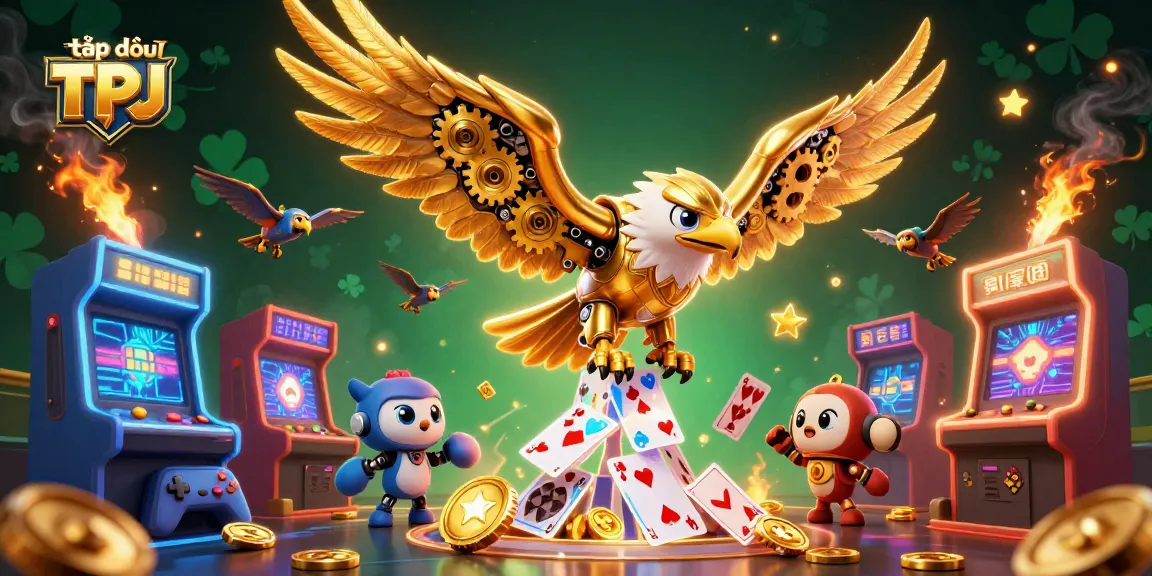 Engaging gaming action scene featuring tập đoàn TPJ with a soaring eagle amidst holographic cards