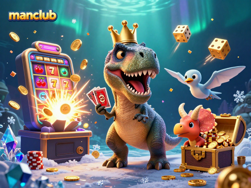 Engage in exciting casino action with manclub, featuring a T-Rex shuffling cards and friends assisting.