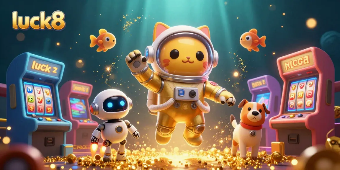 Engage with luck8's vibrant casino adventure featuring an astronaut cat and robot dog amidst colorful arcade machines and sparkling elements.