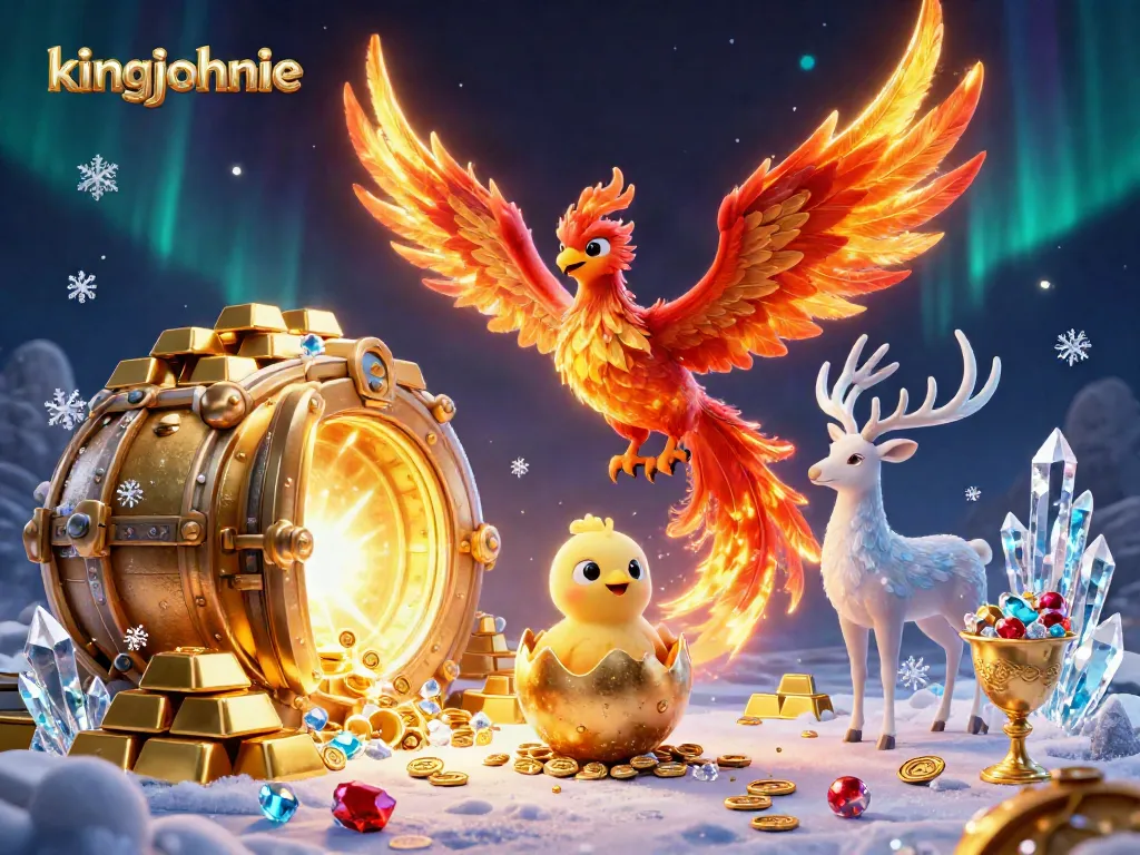 Experience kingjohnnie excitement with a phoenix and treasures in this vibrant casino scene.